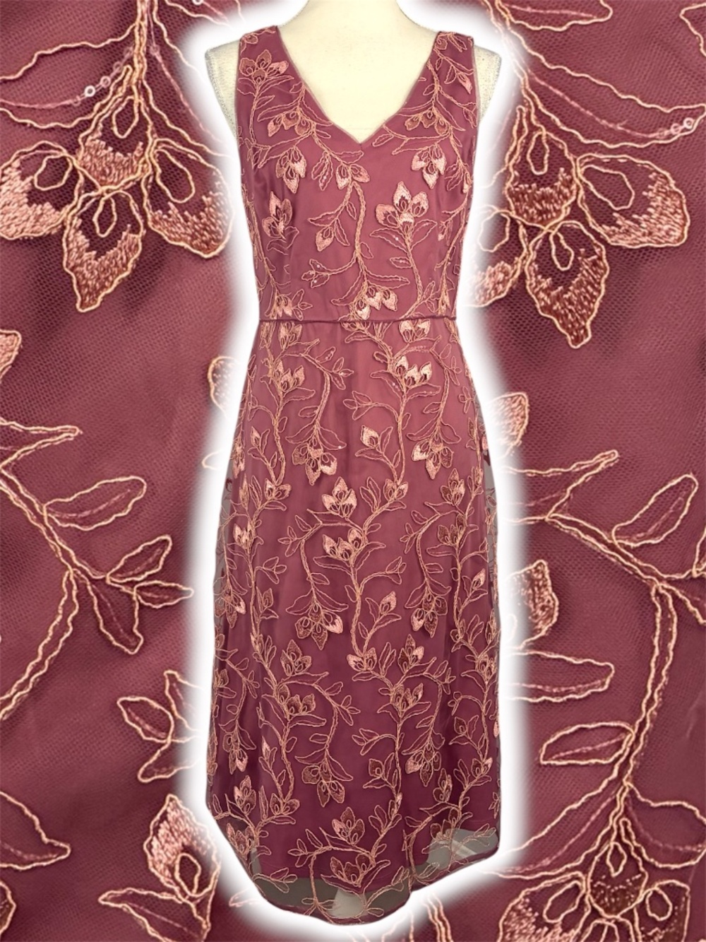 Adrianna Papell Embroidered Lace Dress 10 Floral Sequin Midi V-Neck Sleeveless